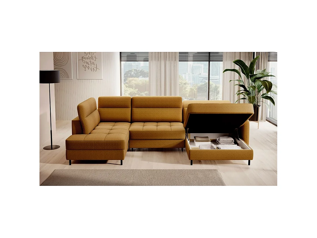 Canapé d'angle convertible BERTHO 306 cm jaune orangé – Angle droit avec coffre