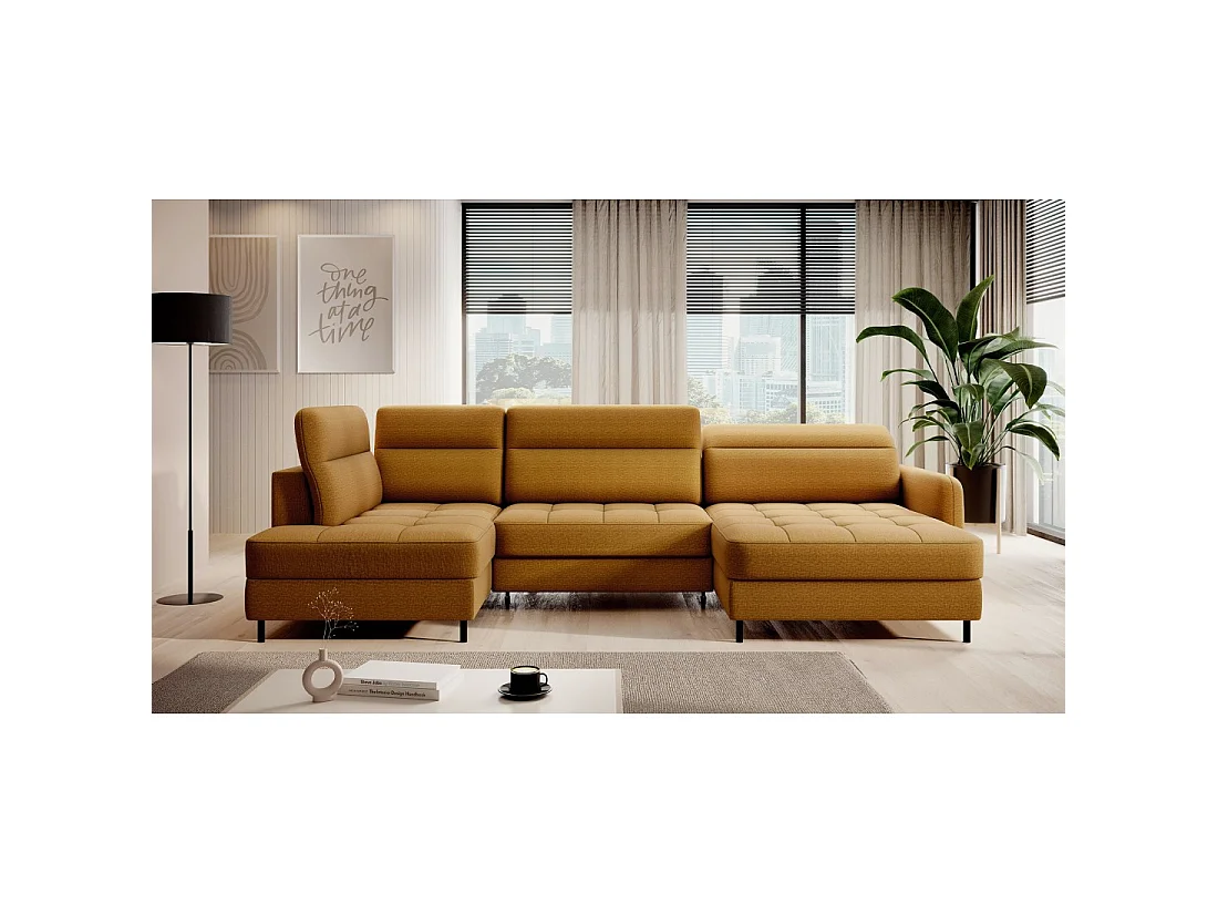 Canapé d'angle convertible BERTHO 306 cm jaune orangé – Angle droit avec coffre
