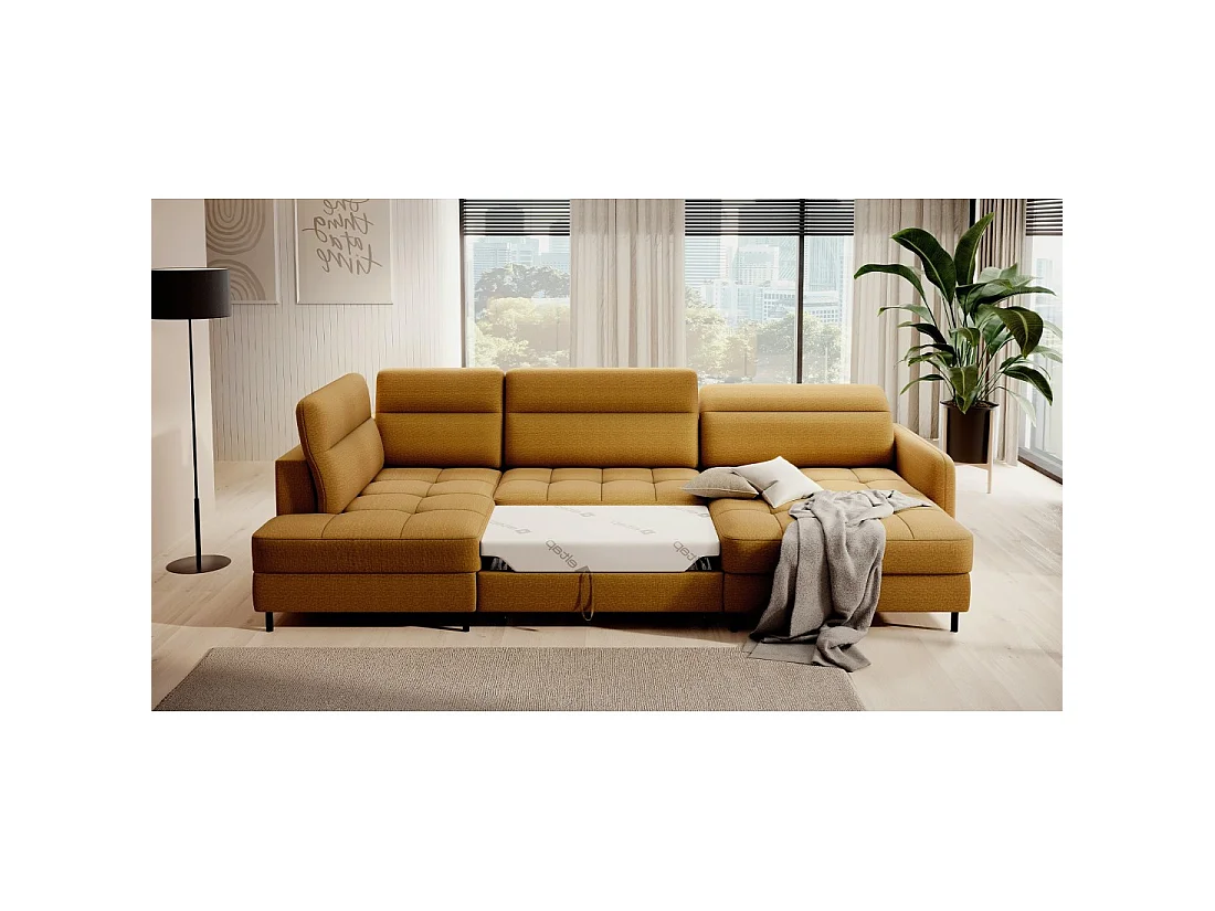 Canapé d'angle convertible BERTHO 306 cm jaune orangé – Angle droit avec coffre