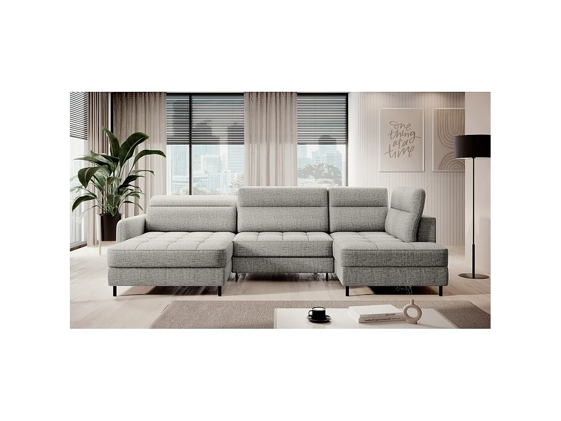 Canapé d'angle convertible BERTHO 306 cm gris clair – Angle gauche avec coffre