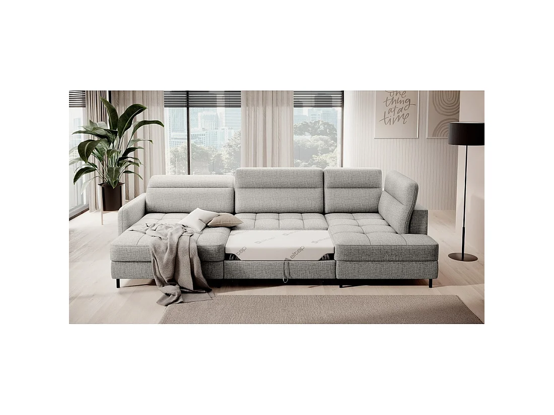 Canapé d'angle convertible BERTHO 306 cm gris clair – Angle gauche avec coffre