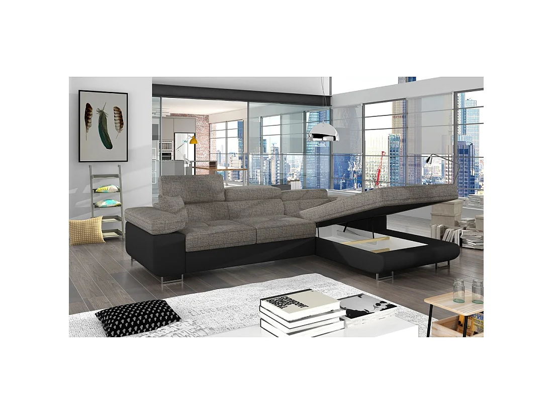 Canapé d'angle convertible AMANDA gris et noir – Tissu effet lin – Angle droit