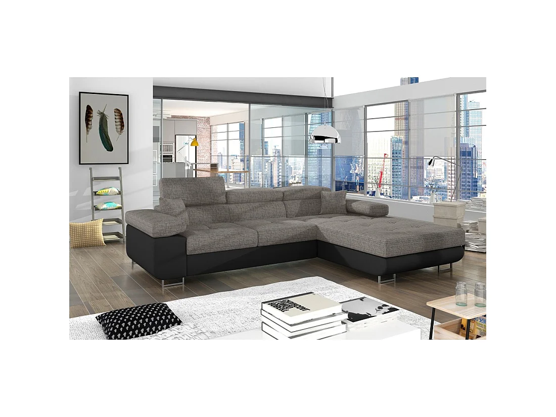 Canapé d'angle convertible AMANDA gris et noir – Tissu effet lin – Angle droit