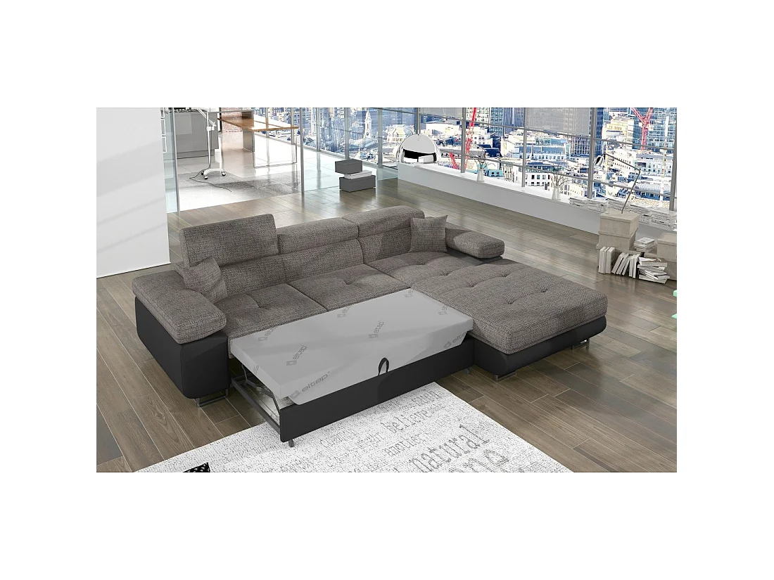 Canapé d'angle convertible AMANDA gris et noir – Tissu effet lin – Angle droit