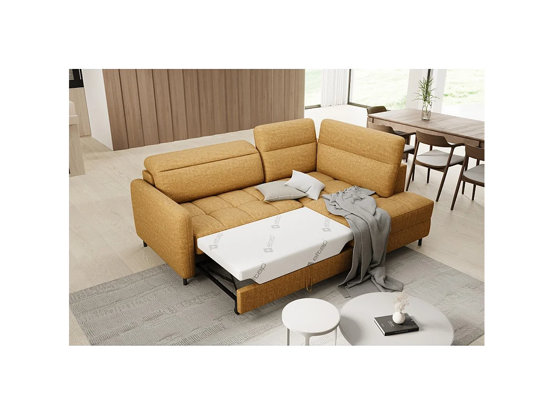 Canapé d'angle droit convertible BARNEA 208 cm camel en tissu chenille avec rangement