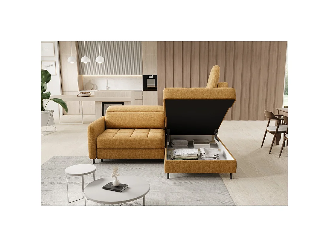 Canapé d'angle droit convertible BARNEA 208 cm camel en tissu chenille avec rangement