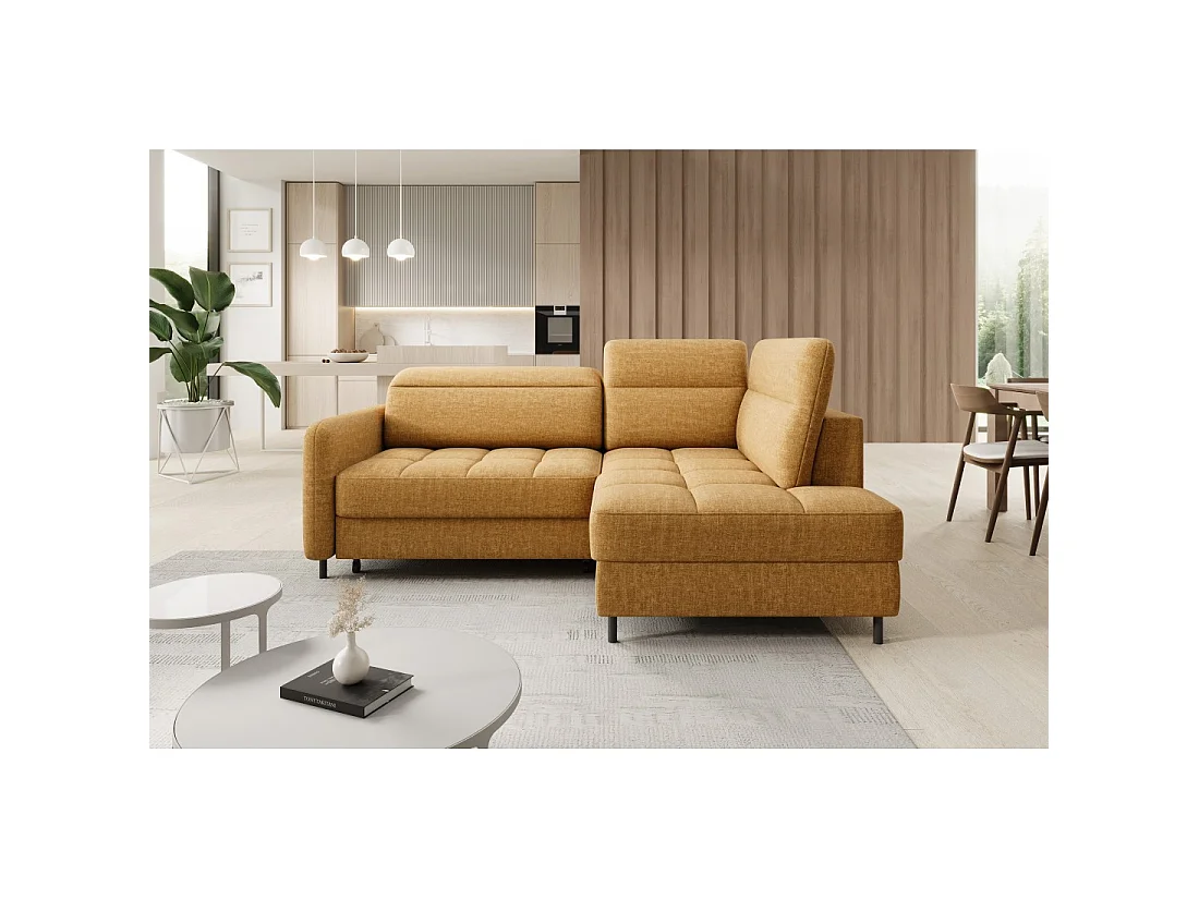 Canapé d'angle droit convertible BARNEA 208 cm camel en tissu chenille avec rangement