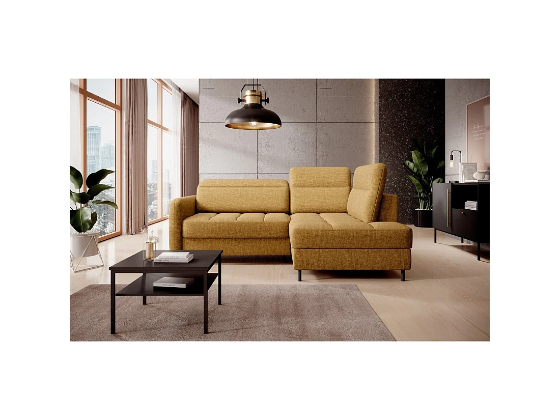 Canapé d'angle droit convertible BARNEA 208 cm camel en tissu chenille avec rangement
