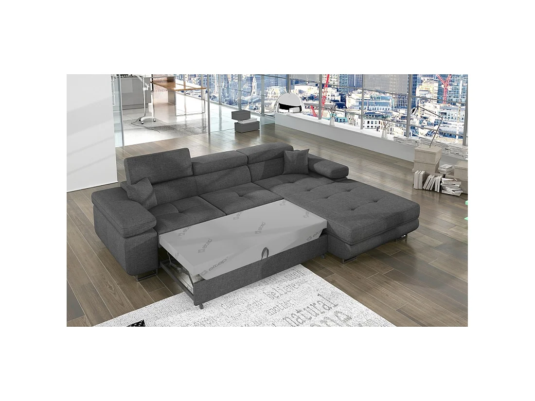 Canapé d'angle convertible AMANDA gris foncé chenille fine avec coffre