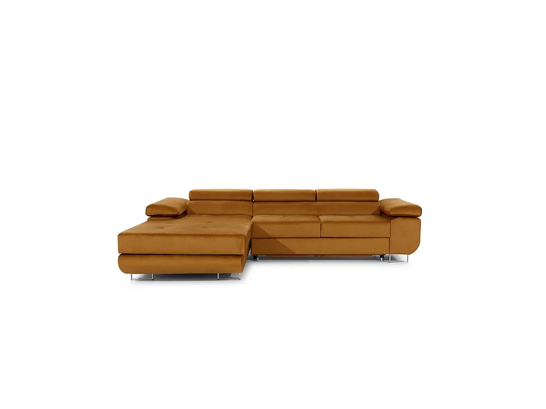 Canapé d'angle convertible AMANDA orange foncé effet velours avec coffre
