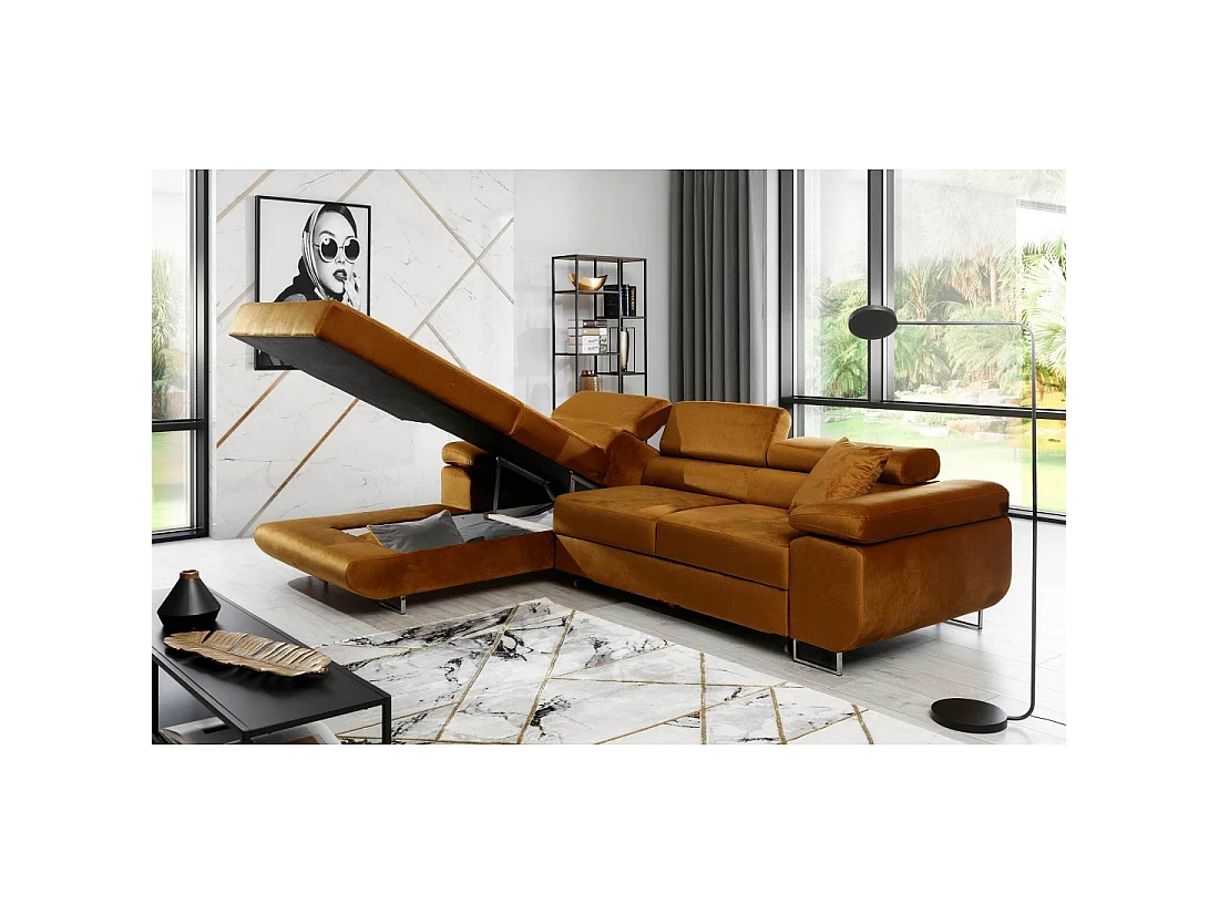 Canapé d'angle convertible AMANDA orange foncé effet velours avec coffre