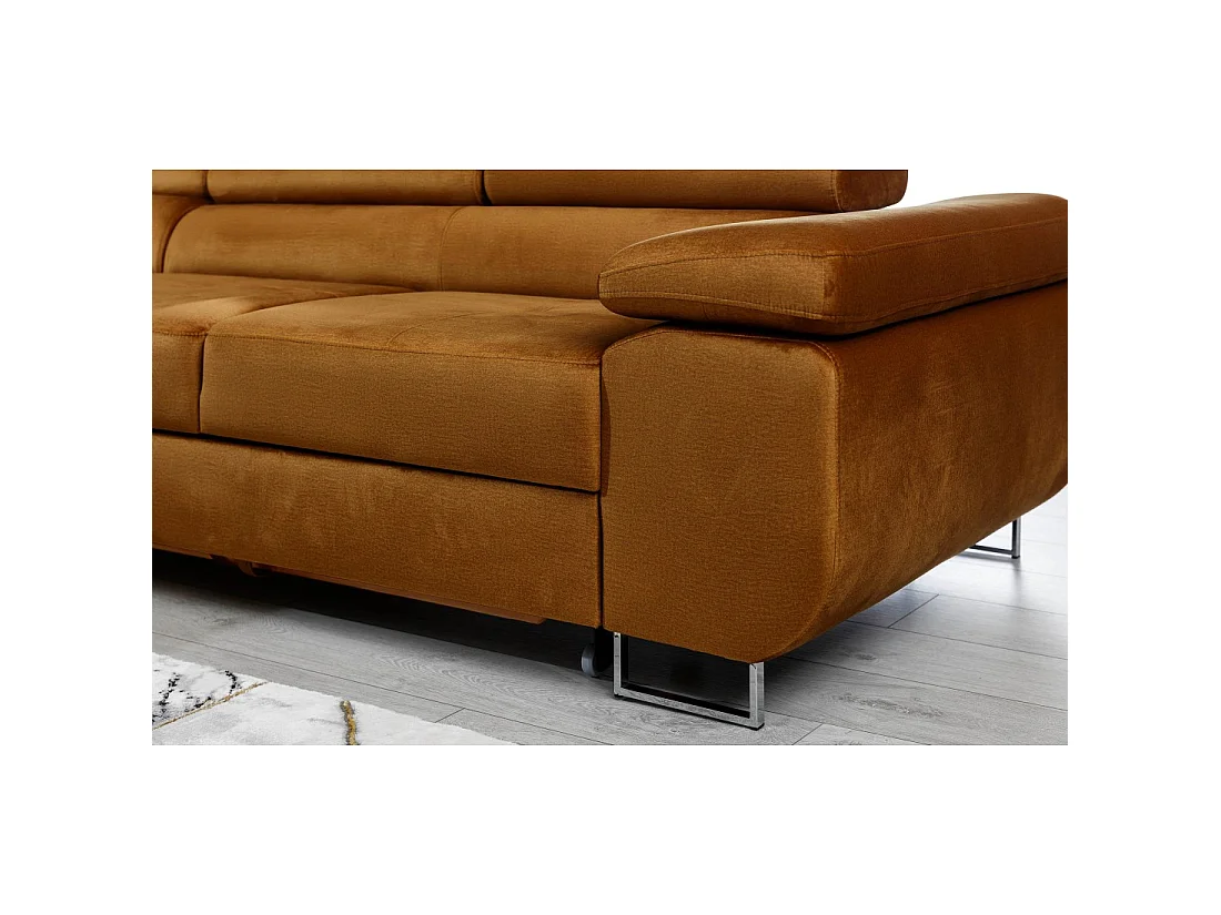 Canapé d'angle convertible AMANDA orange foncé effet velours avec coffre