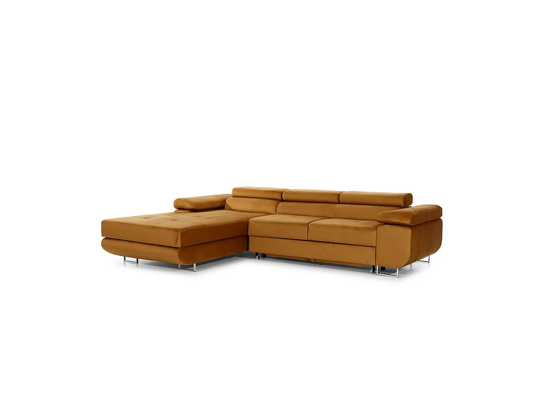 Canapé d'angle convertible AMANDA orange foncé effet velours avec coffre