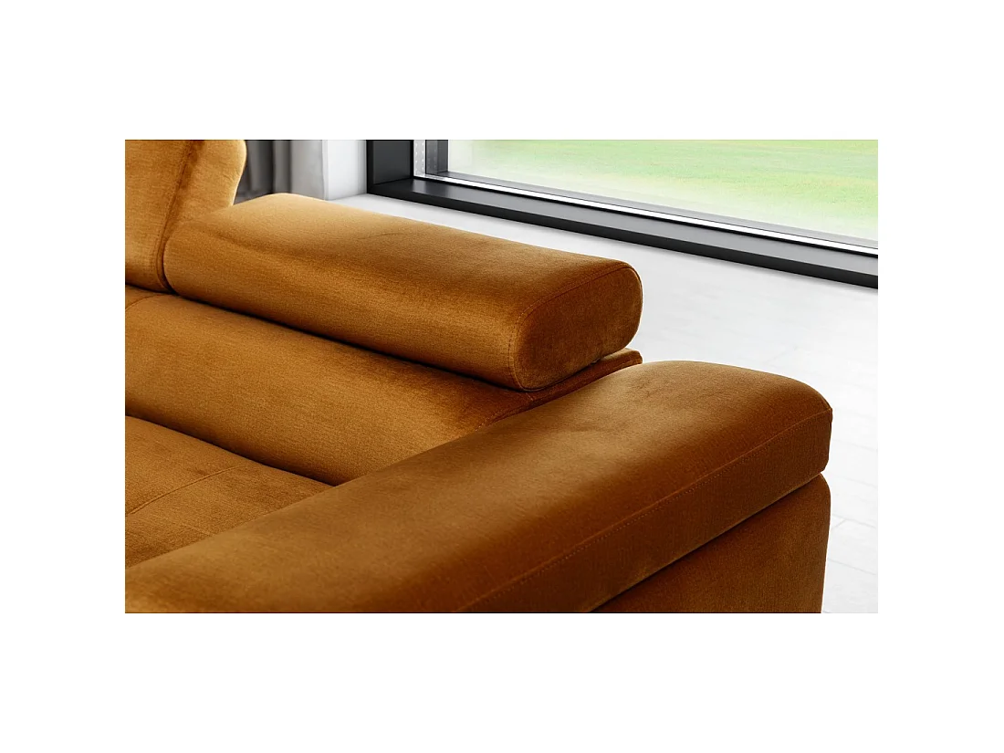 Canapé d'angle convertible AMANDA orange foncé effet velours avec coffre