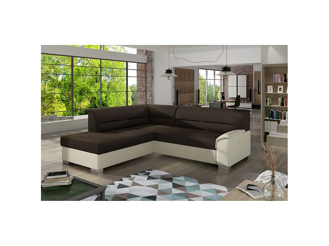 Canapé d'angle convertible TROMSO marron et beige – Angle gauche avec coffre