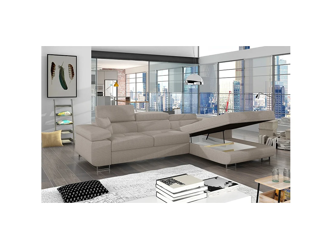 Canapé d'angle convertible AMANDA beige foncé velours côtelé avec coffre
