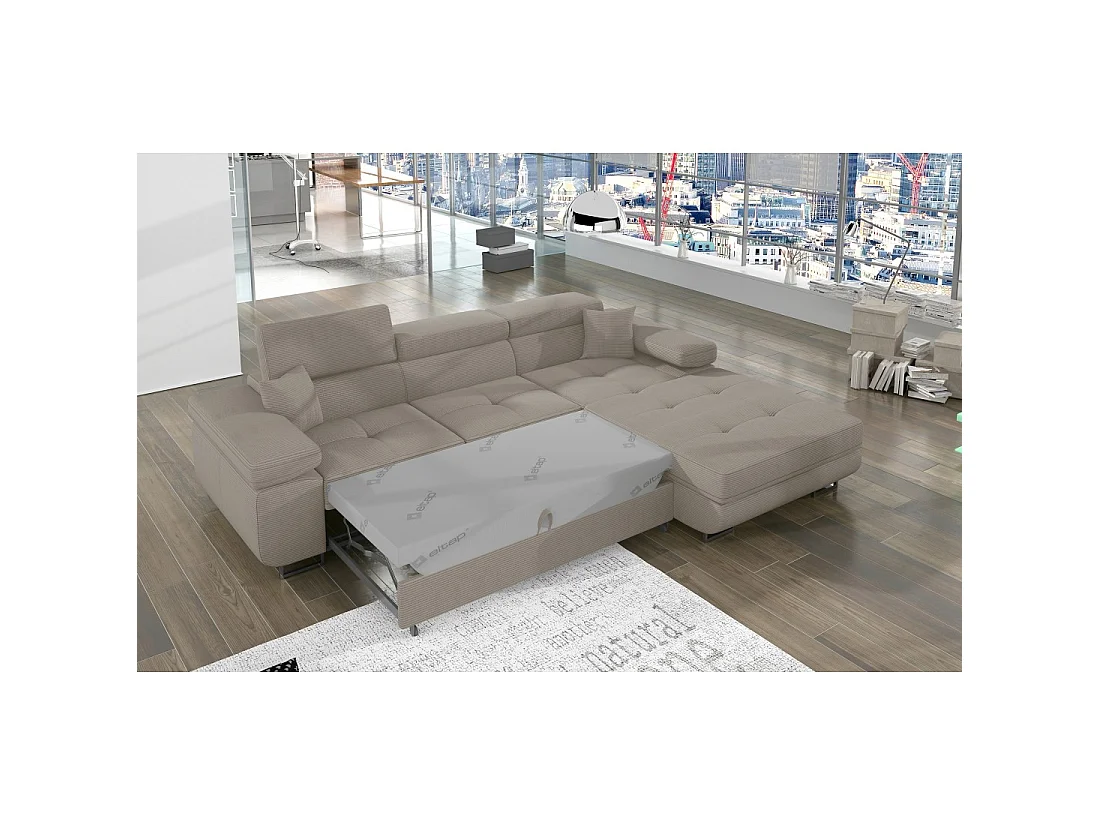Canapé d'angle convertible AMANDA beige foncé velours côtelé avec coffre