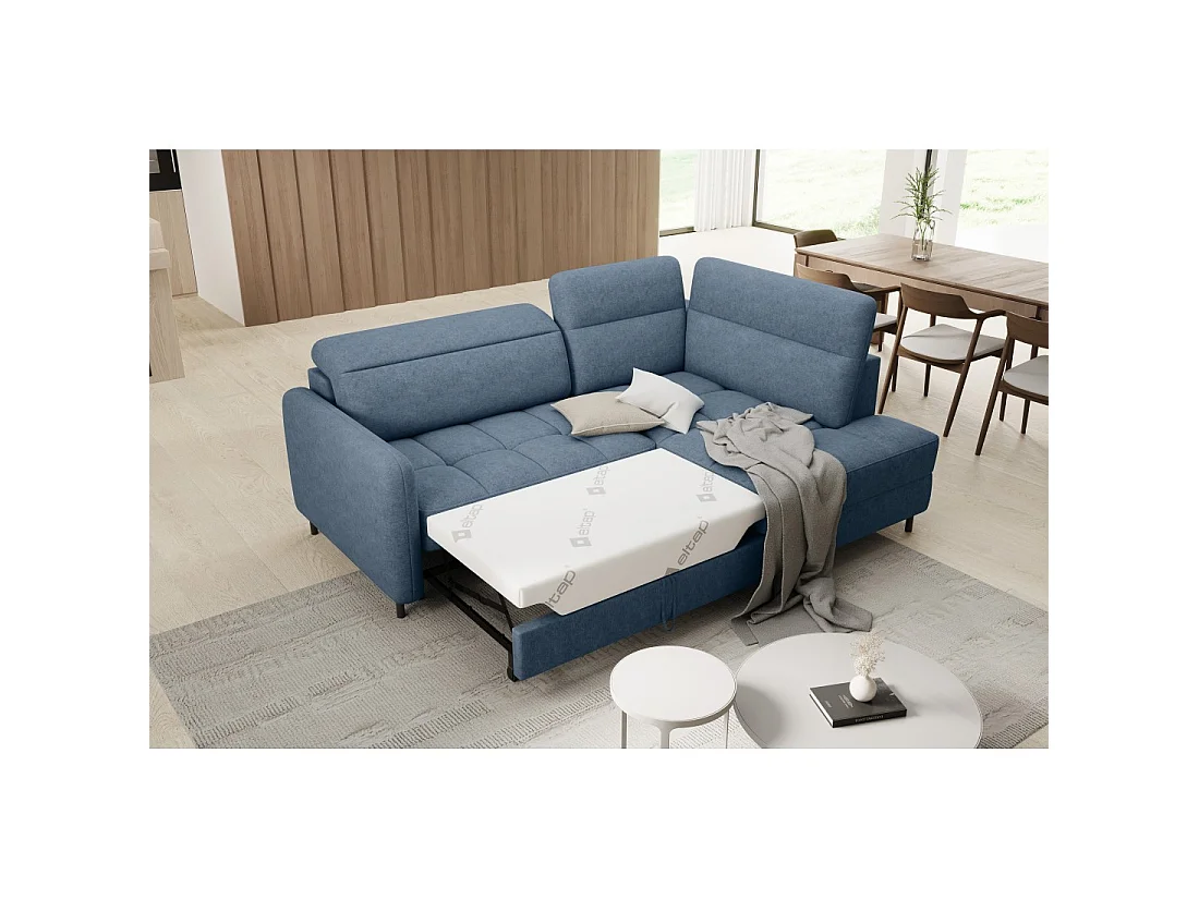 Canapé d'angle droit convertible BARNEA 208 cm bleu marine chiné avec rangement