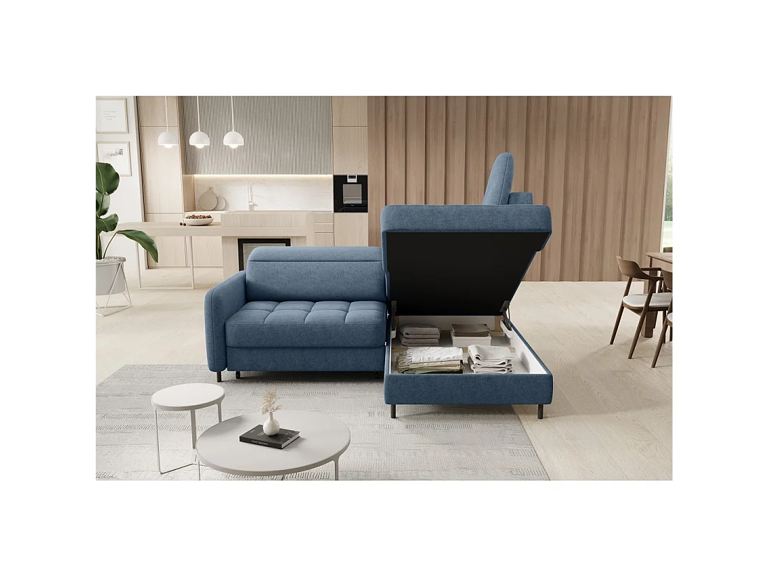 Canapé d'angle droit convertible BARNEA 208 cm bleu marine chiné avec rangement