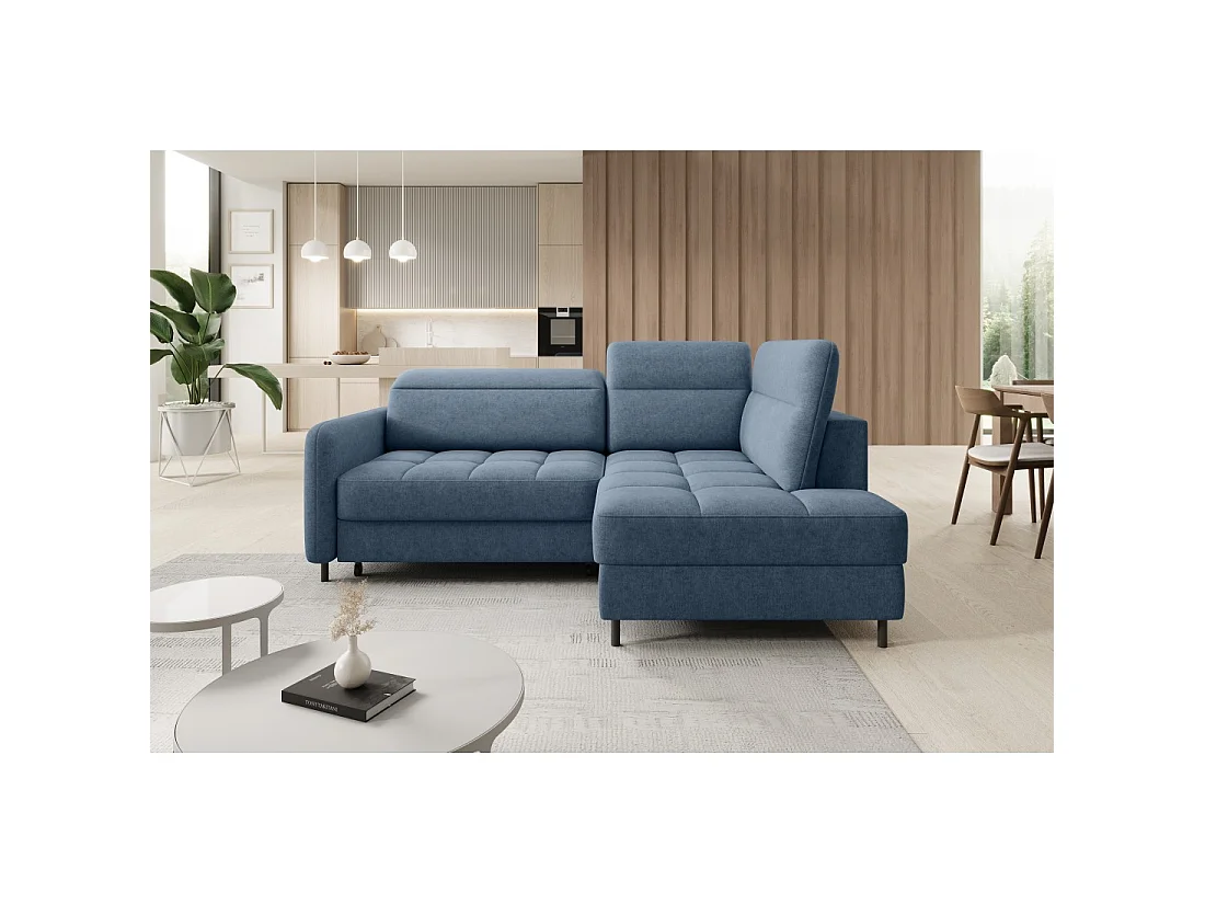 Canapé d'angle droit convertible BARNEA 208 cm bleu marine chiné avec rangement