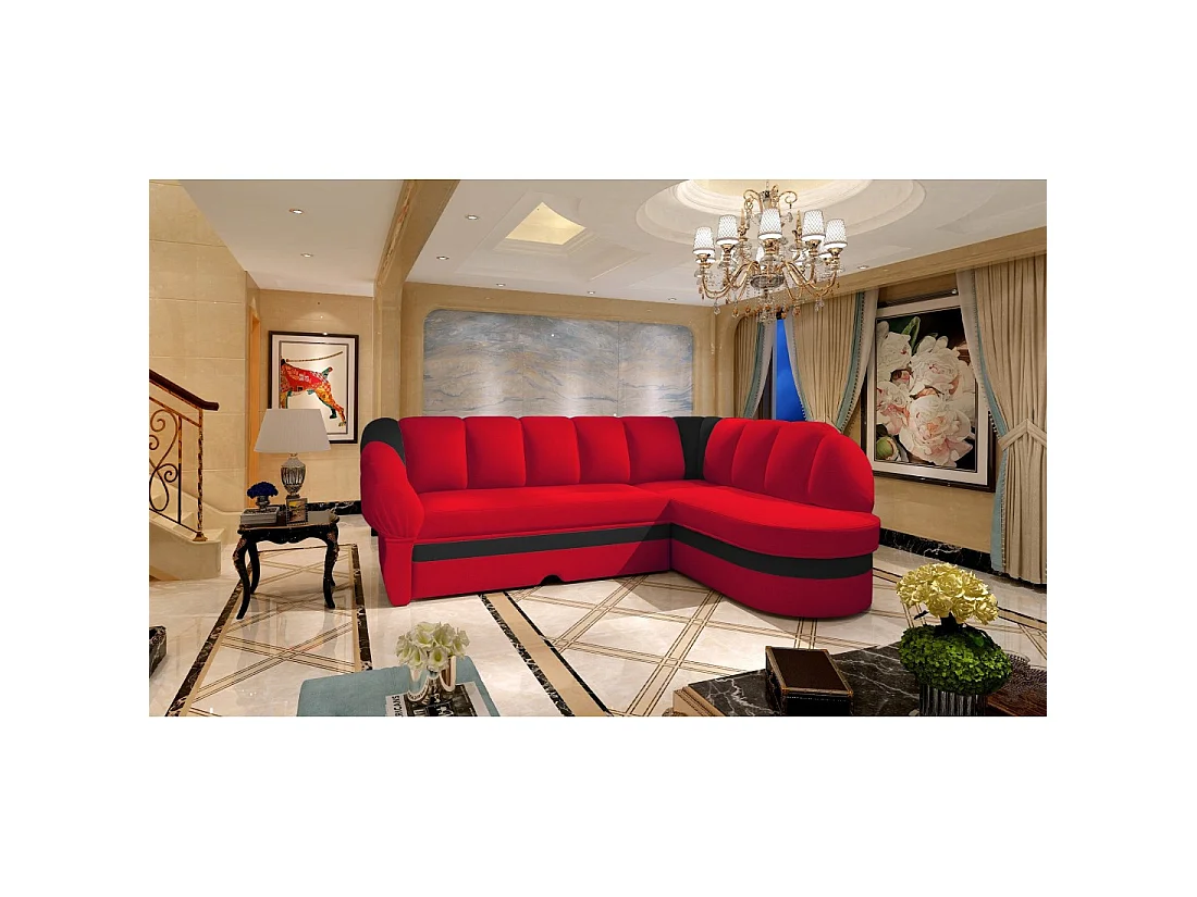 Canapé d'angle droit convertible BENANA 250 cm rouge et noir avec coffre de rangement