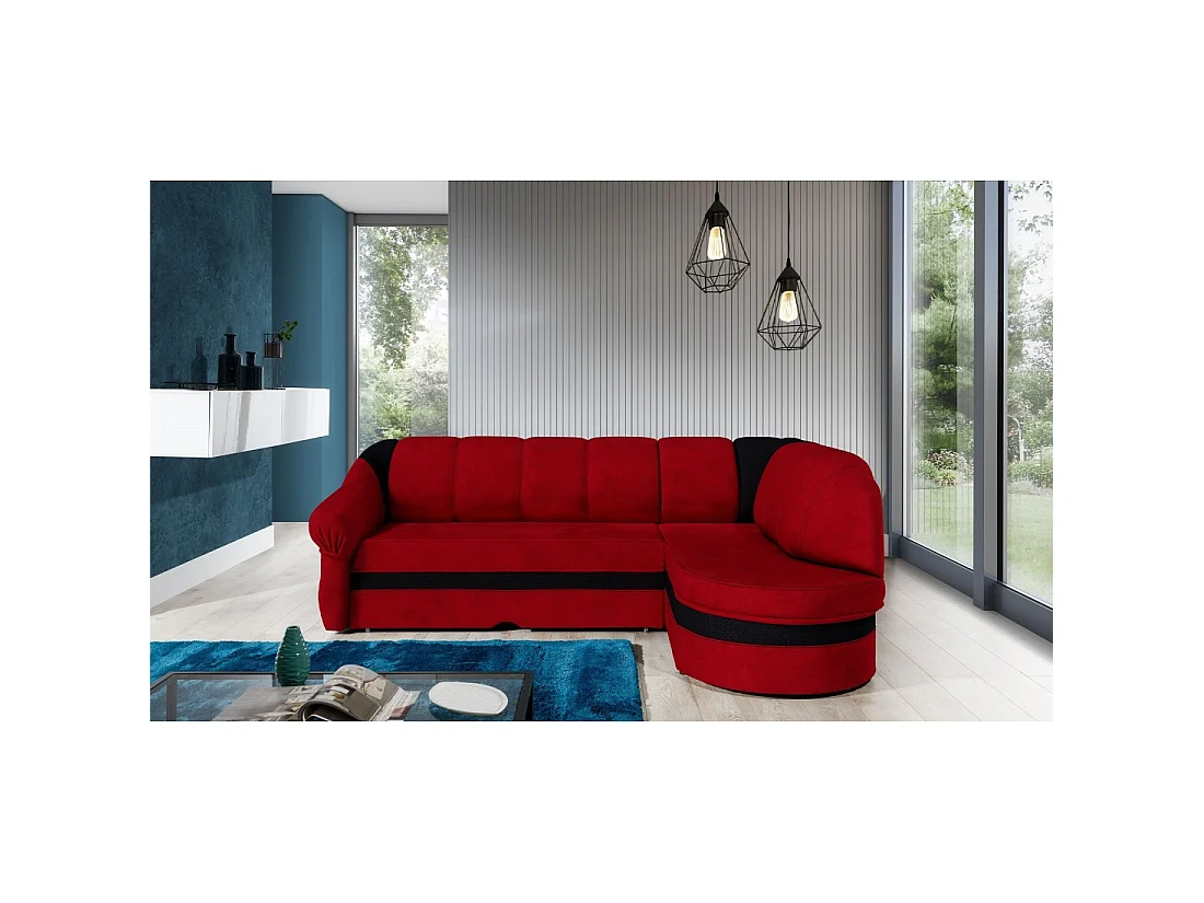 Canapé d'angle droit convertible BENANA 250 cm rouge et noir avec coffre de rangement
