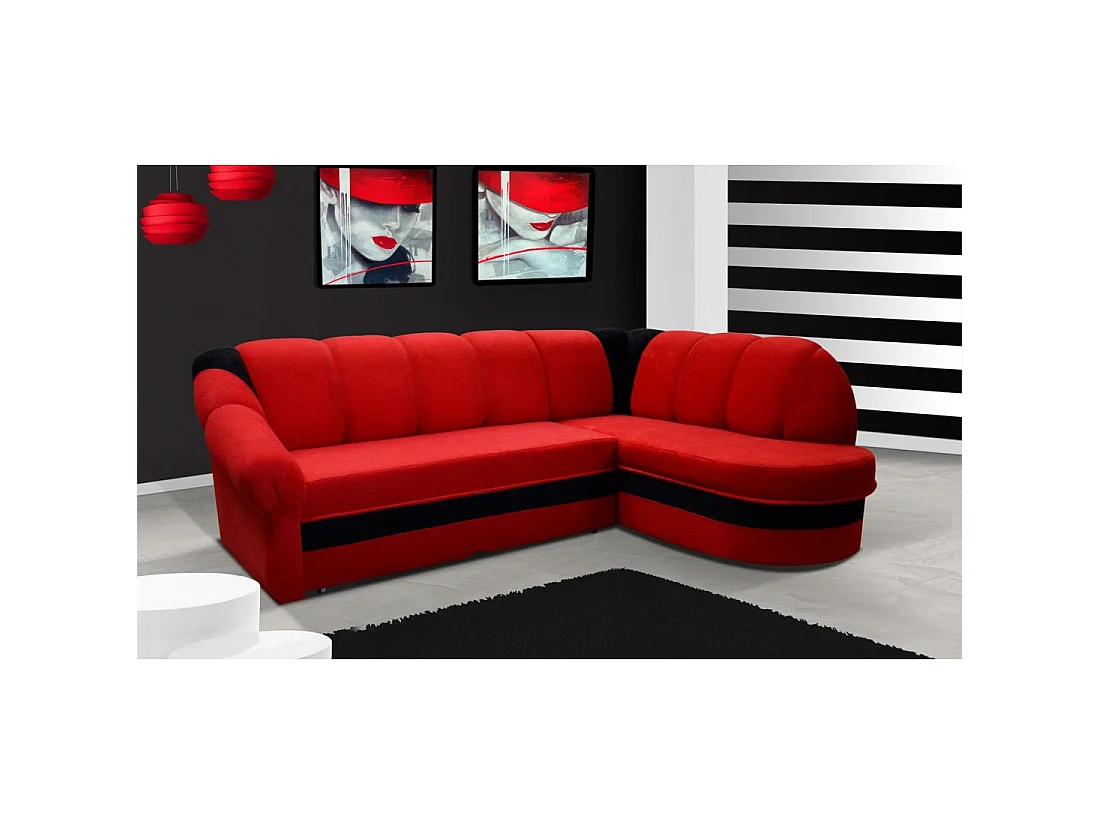 Canapé d'angle droit convertible BENANA 250 cm rouge et noir avec coffre de rangement
