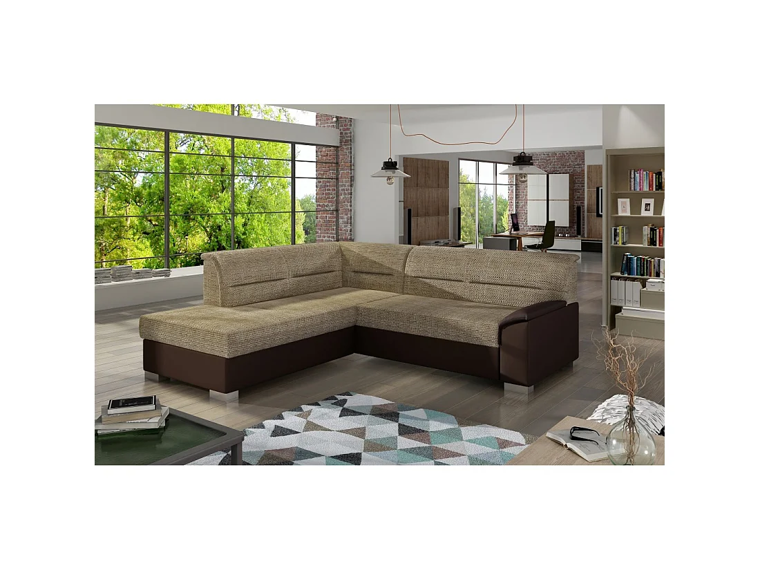 Canapé d'angle convertible TROMSO beige et chocolat – Angle gauche avec coffre