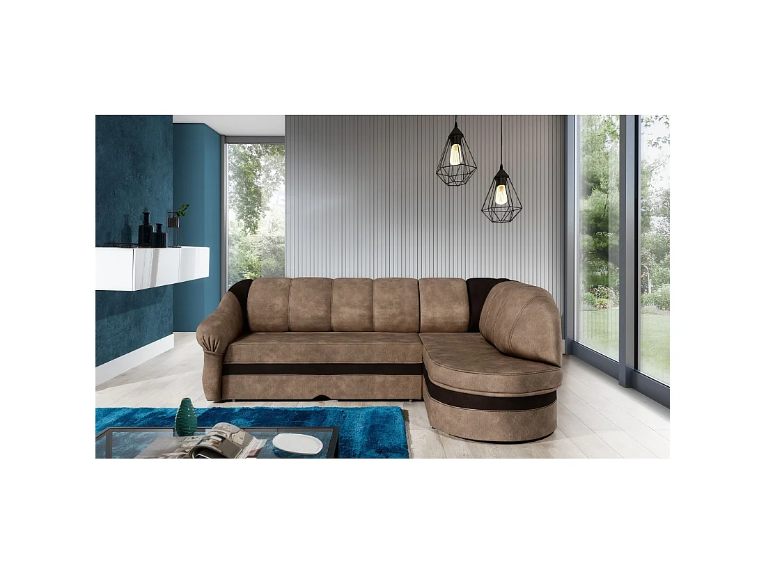 Canapé d'angle droit convertible BENANA 250 cm marron gris et marron avec coffre