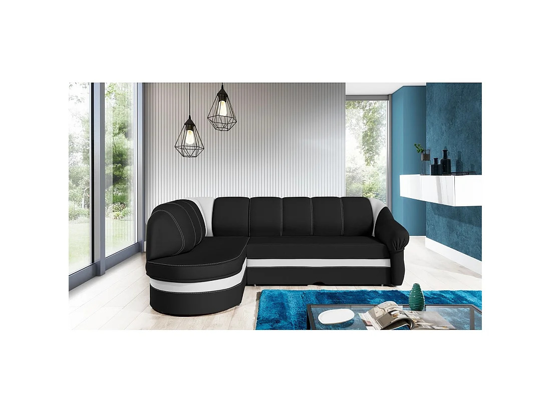 Canapé d'angle gauche convertible BENANA 250 cm noir et blanc avec coffre