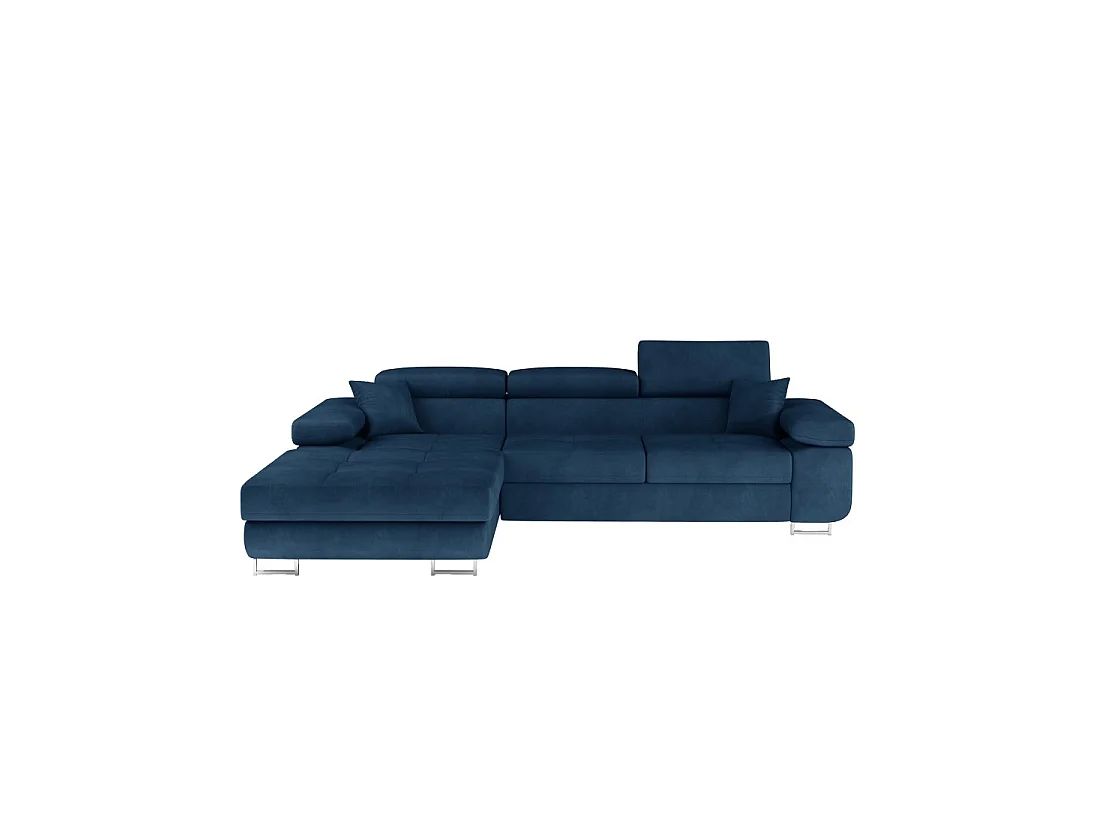 Canapé d'angle convertible AMANDA bleu foncé tissu tissé fin avec coffre