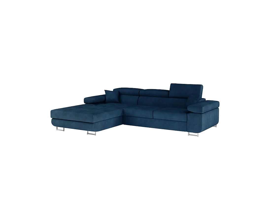 Canapé d'angle convertible AMANDA bleu foncé tissu tissé fin avec coffre