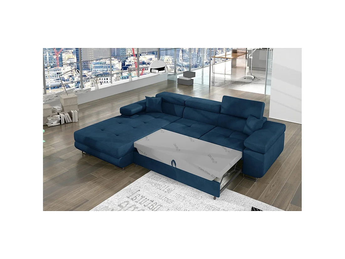 Canapé d'angle convertible AMANDA bleu foncé tissu tissé fin avec coffre