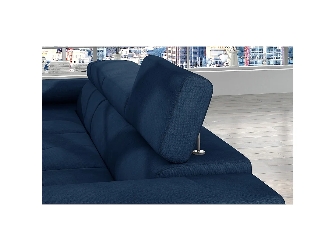 Canapé d'angle convertible AMANDA bleu foncé tissu tissé fin avec coffre