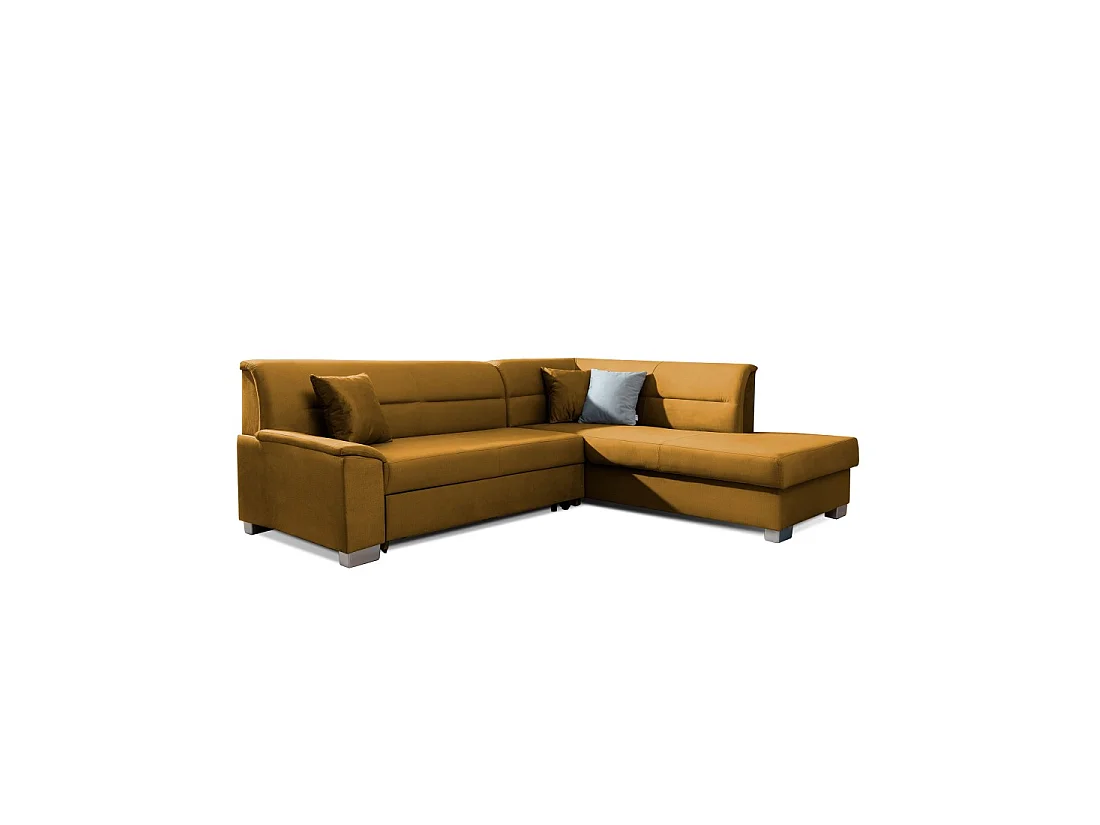 Canapé d'angle convertible TROMSO jaune orangé effet velours – Angle droit avec coffre
