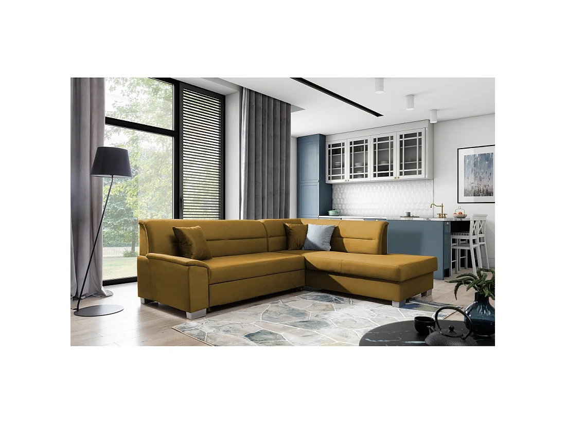 Canapé d'angle convertible TROMSO jaune orangé effet velours – Angle droit avec coffre