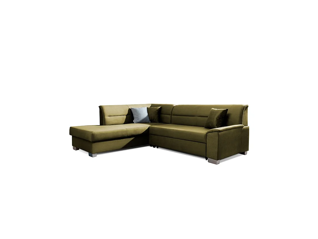 Canapé d'angle convertible TROMSO vert effet velours – Angle gauche avec coffre