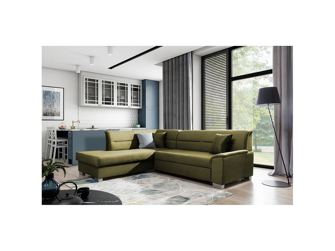 Canapé d'angle convertible TROMSO vert effet velours – Angle gauche avec coffre