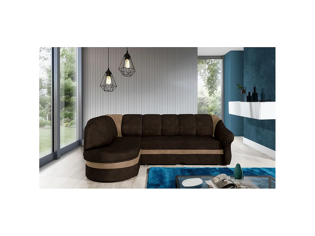 Canapé d'angle gauche convertible BENANA 250 cm marron foncé et beige avec coffre