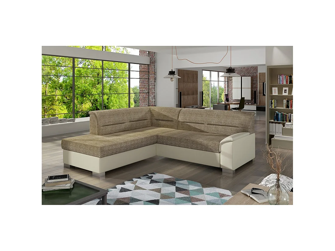 Canapé d'angle convertible TROMSO beige et crème – Angle gauche avec coffre
