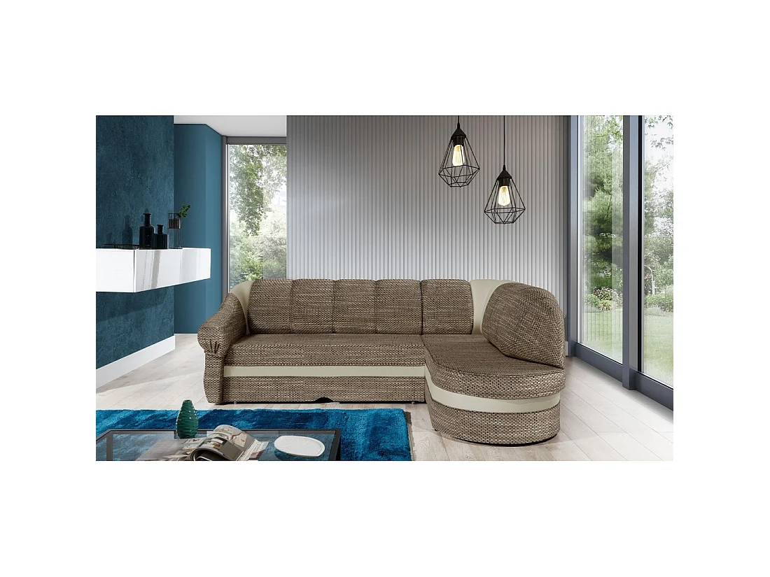 Canapé d'angle droit convertible BENANA 250 cm beige et marron avec coffre de rangement