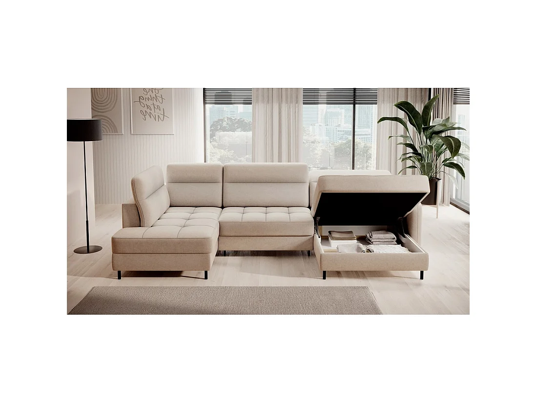 Canapé d'angle convertible BERTHO 306 cm beige – Angle droit avec coffre