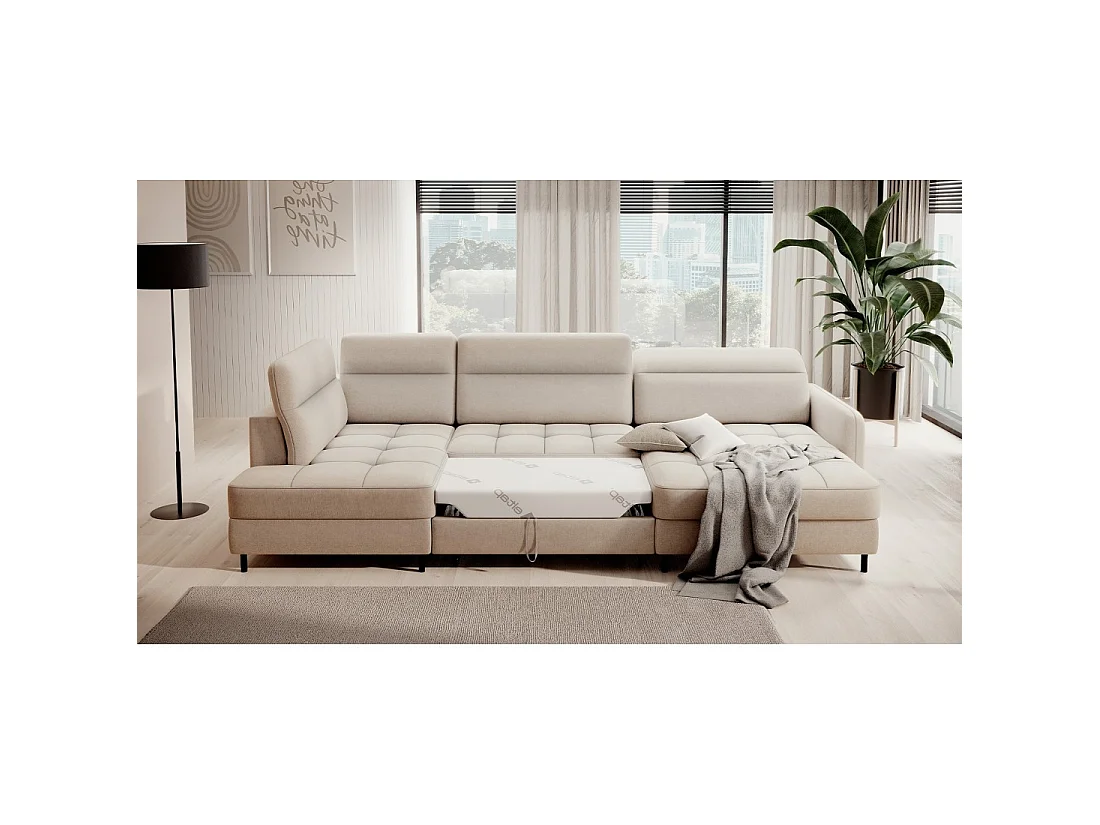 Canapé d'angle convertible BERTHO 306 cm beige – Angle droit avec coffre