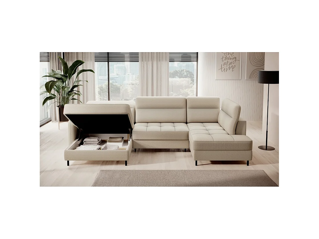 Canapé d'angle convertible BERTHO 306 cm beige – Angle gauche avec coffre
