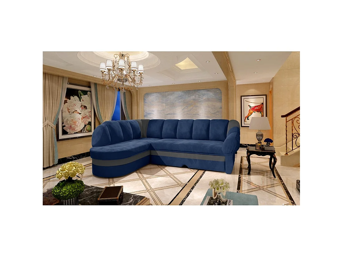Canapé d'angle gauche convertible BENANA 250 cm bleu foncé et gris avec coffre