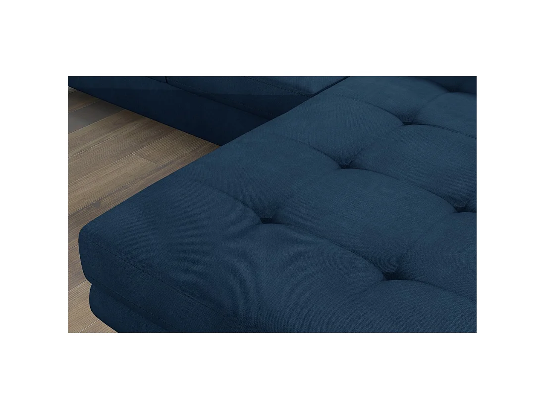 Canapé d'angle convertible AMANDA bleu foncé en tissu tramé fin avec coffre