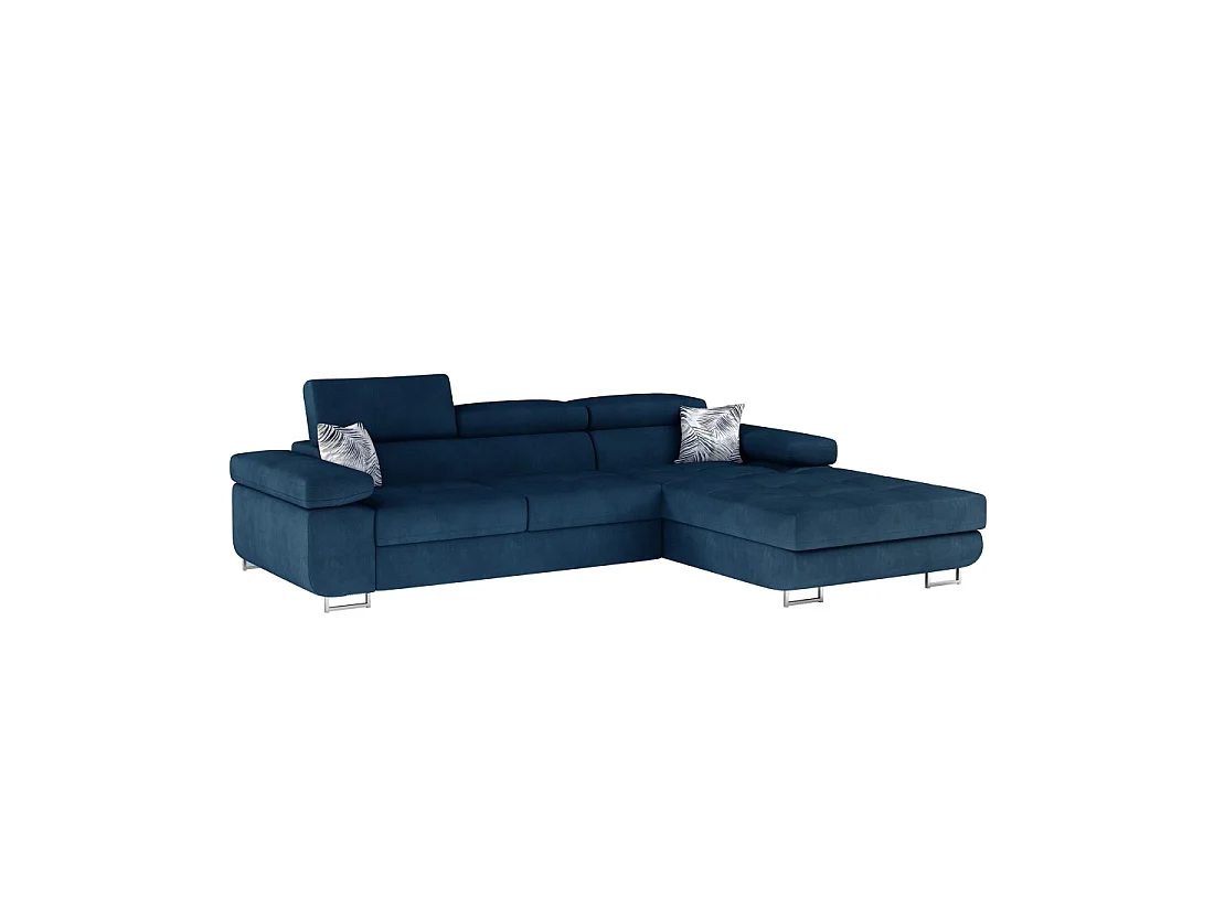 Canapé d'angle convertible AMANDA bleu foncé en tissu tramé fin avec coffre