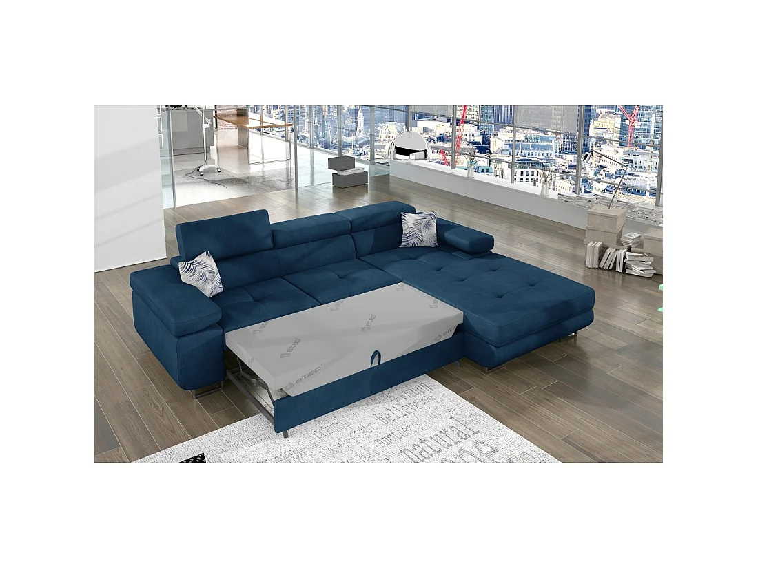 Canapé d'angle convertible AMANDA bleu foncé en tissu tramé fin avec coffre