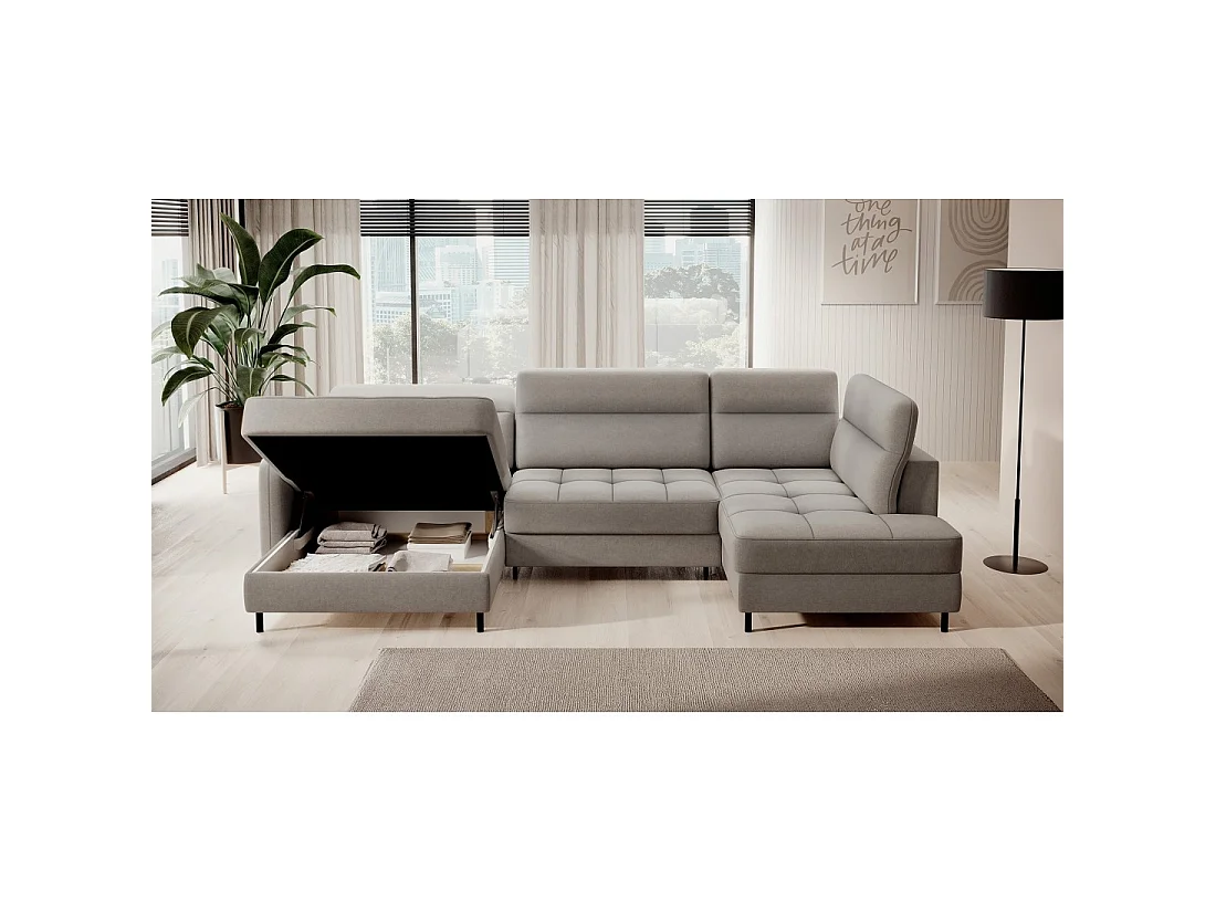 Canapé d'angle convertible BERTHO 306 cm gris clair – Angle gauche avec coffre