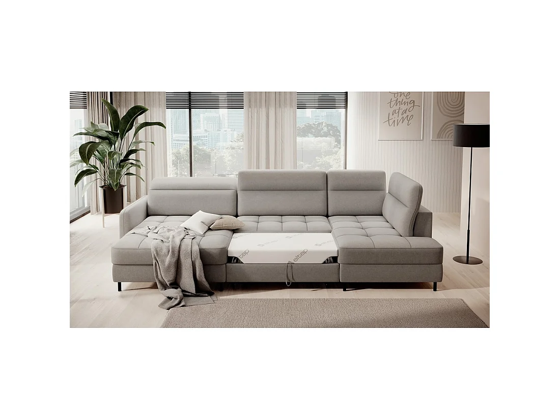 Canapé d'angle convertible BERTHO 306 cm gris clair – Angle gauche avec coffre